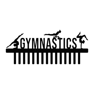 Black steel gymnastics medal holder with 'GYMNASTICS' and three gymnast silhouettes on top. Includes several hooks for medals.